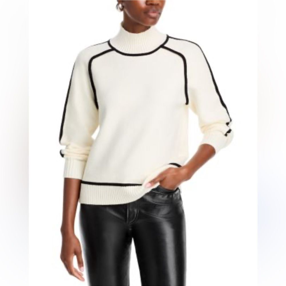 T TAHARI XL Ivory Black Mock Neck Contrast Piping Raglan Pullover Sweater